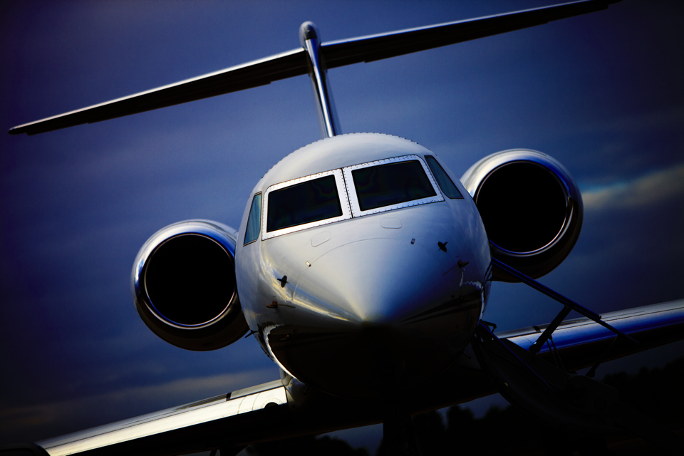 Gulfstream G550 jet business aircraft at dusk